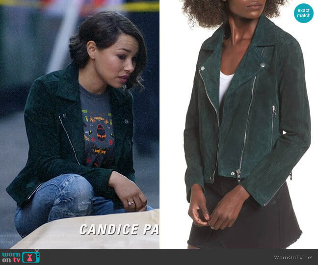 Blank NYC Suede Moto Jacket in Evergreen worn by Nora West-Allen (Jessica Parker Kennedy) on The Flash