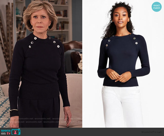 Brooks Brothers Navy Shoulder Button Sweater worn by Grace (Jane Fonda) on Grace and Frankie