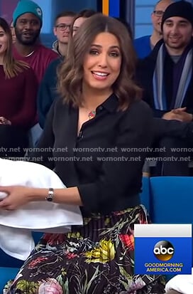 Cecilia’s black floral pleated midi skrit on Good Morning America