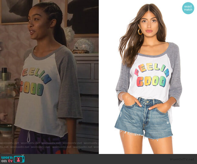 Chaser Feelin Good Baseball Tee worn by Zoey Johnson (Yara Shahidi) on Grown-ish