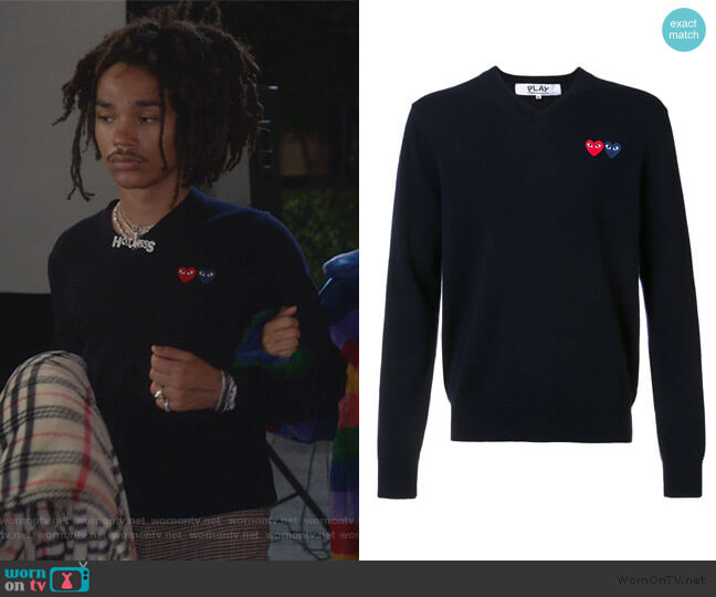 WornOnTV: Luka's navy heart patch sweater on Grown-ish Luka