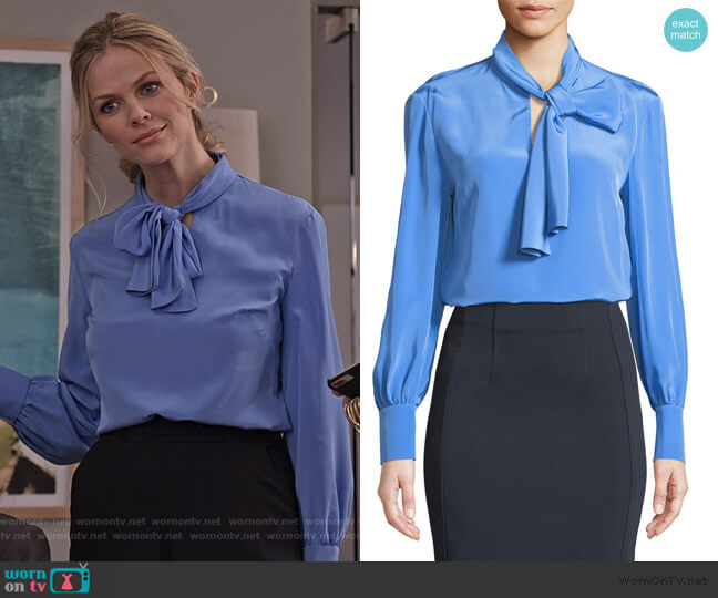 Diane von Furstenberg High Neck Long-Sleeve Silk Bow Blouse worn by Mallory (Brooklyn Decker) on Grace and Frankie