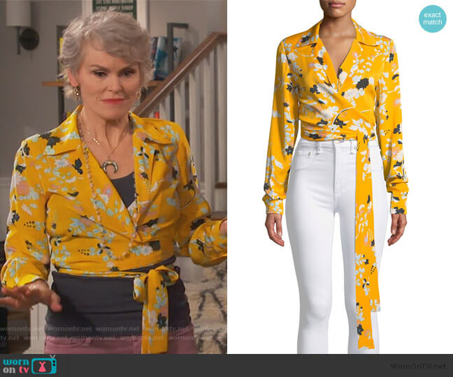Diane von Furstenberg Long-Sleeve Floral Wrap Blouse worn by Bonnie (Stephnie Weir) on Happy Together