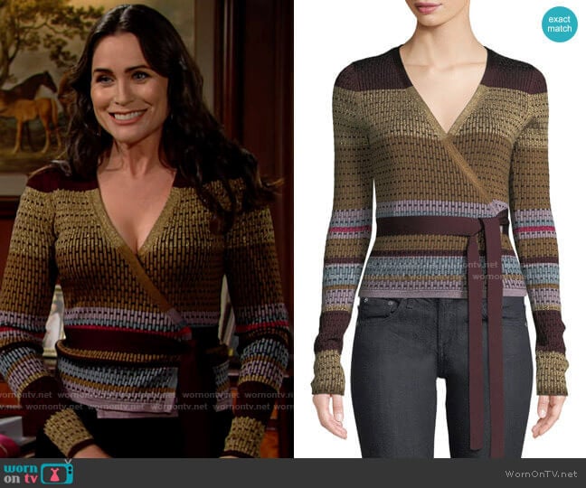 Diane von Furstenberg Metallic Striped Wrap Sweater worn by Quinn Fuller (Rena Sofer) on The Bold and the Beautiful