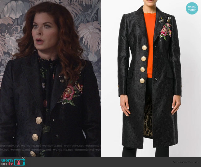Dolce & Gabbana Embroidered Rose Patch Jacquard Coat worn by Grace Adler (Debra Messing) on Will and Grace