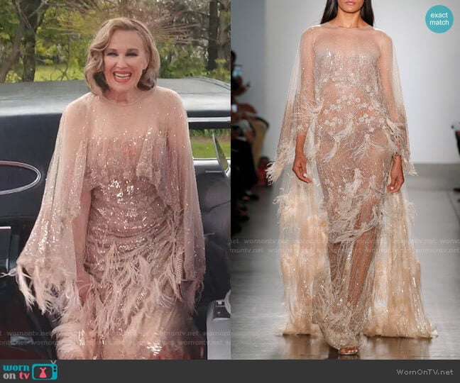 Pamella Roland Double Cape Tulle Gown With Sequin And Ostrich Feather Plumes worn by Moira Rose (Catherine O'Hara) on Schitts Creek