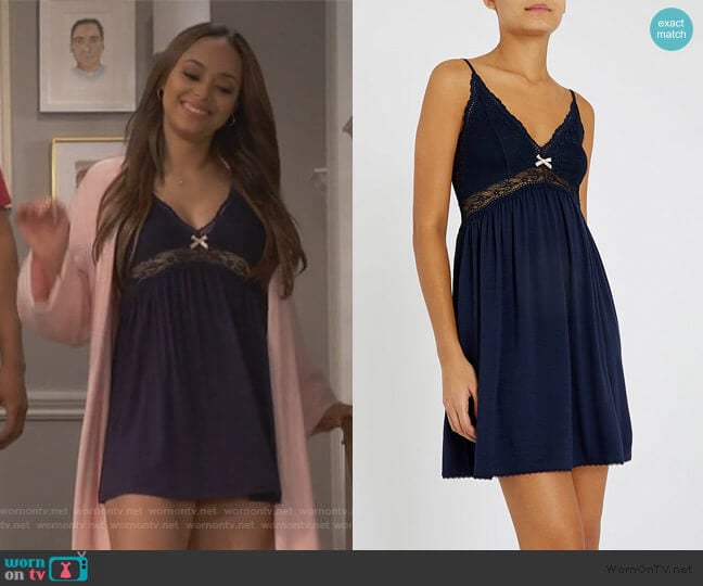 Eberjey Colette jersey and stretch-lace chemise worn by Claire (Amber Stevens West) on Happy Together