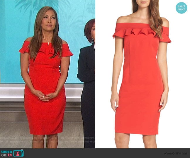 Eliza J Ruffle Off the Shoulder Dress worn by Carrie Inaba on The Talk