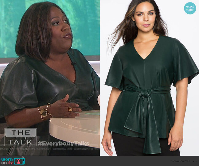 Eloquii Flare Sleeve Tie Waist Faux Leather Top worn by Sheryl Underwood on The Talk