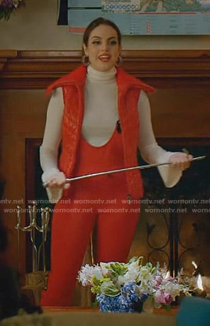 Fallon’s red zip front vest and ski pants on Dynasty