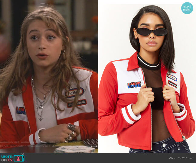 Forever 21 Patch Cropped Track Jacket worn by Shannon (Odessa Adlon) on Fam