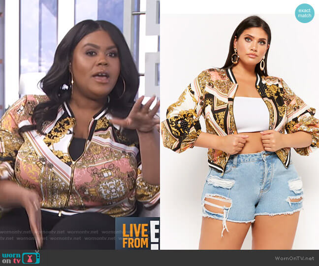 Forever 21 Plus Size Baroque Pickup Sleeve Bomber Jacket worn by Nina Parker on E! News