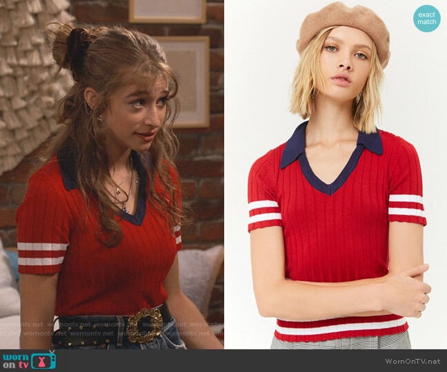 Forever 21 Ribbed Sweater-Knit Varsity Top worn by Shannon (Odessa Adlon) on Fam