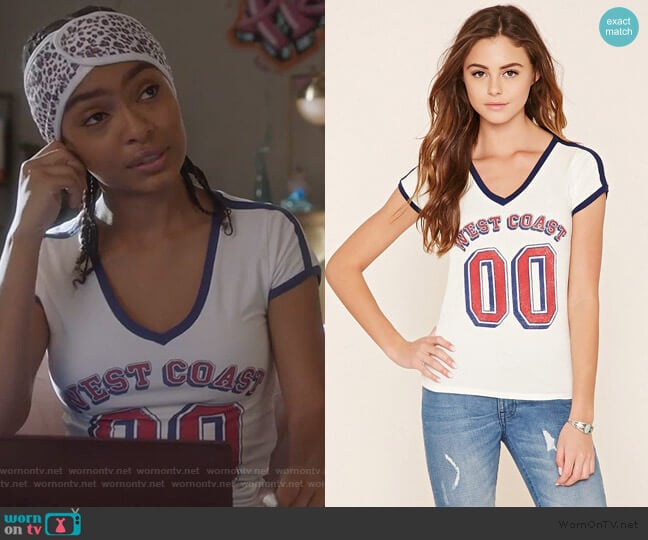 Forever 21 West Coast Graphic Top worn by Zoey Johnson (Yara Shahidi) on Grown-ish