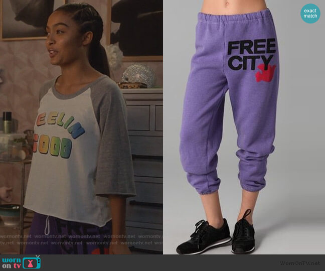 Free City Logo Sweatpants worn by Zoey Johnson (Yara Shahidi) on Grown-ish