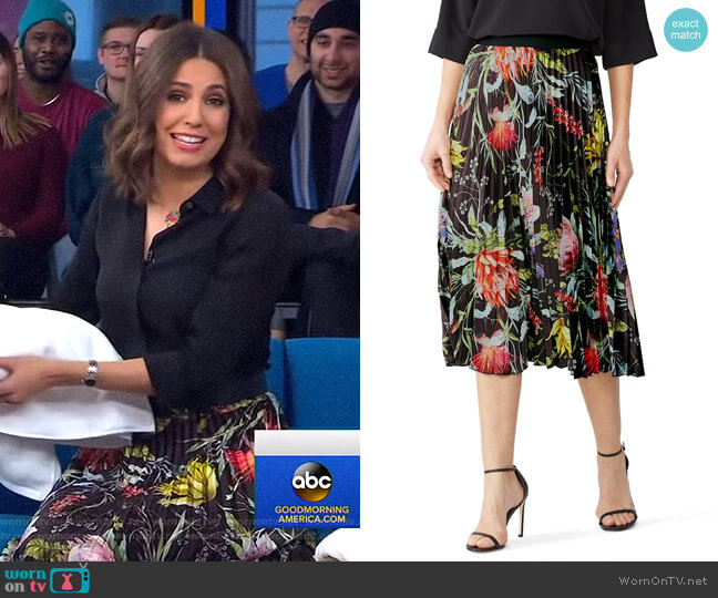 Fuzzi Black Floral Pleated Skirt worn by Cecilia Vega on Good Morning America