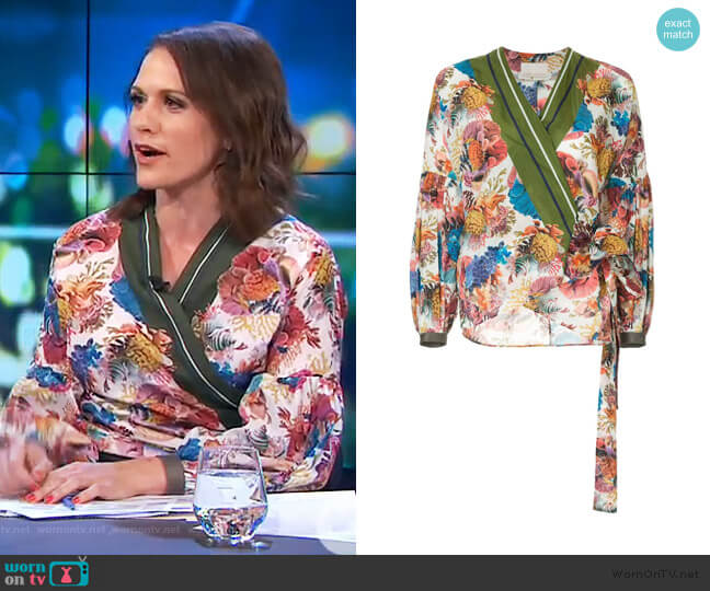 Ginger & Smart Submerge floral print wrap top worn by Rachel Corbett on The Project