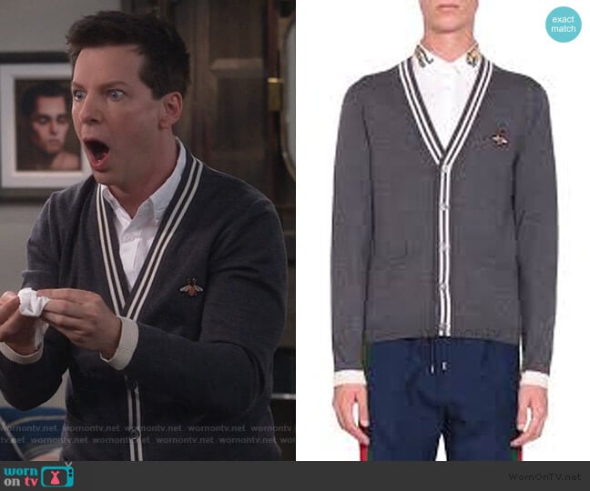 Gucci Cardigan wool knit with bee worn by Jack McFarland (Sean Hayes) on Will and Grace