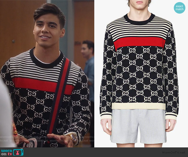 Gucci GG and Stripes Knit Sweater worn by Vivek Shah (Jordan Buhat) on Grown-ish
