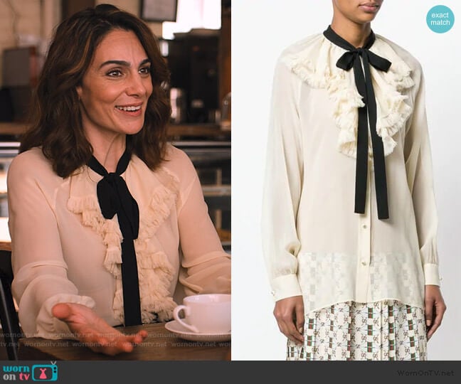 Gucci Ruffled Blouse worn by Samantha Delmonico (Annie Parisse) on Friends from College
