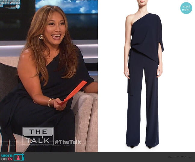 Halston Heritage One-Shoulder Draped Stretch Crepe Jumpsuit worn by Carrie Inaba on The Talk