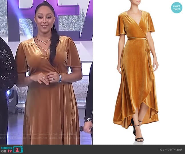 Happily Grey x AQUA Velvet Maxi Wrap Dress worn by Tamera Mowry on The Real