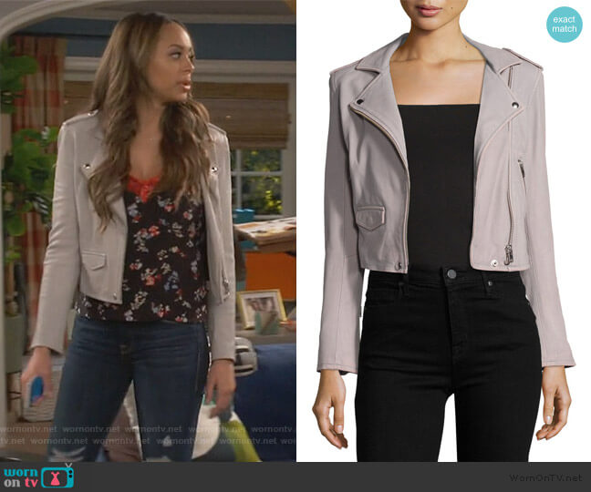 IRO Ashville Leather Moto Jacket worn by Claire (Amber Stevens West) on Happy Together