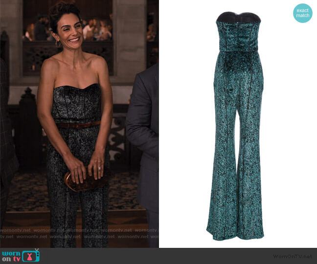 J. Mendel Strapless Printed Velvet Jumpsuit worn by Samantha Delmonico (Annie Parisse) on Friends from College