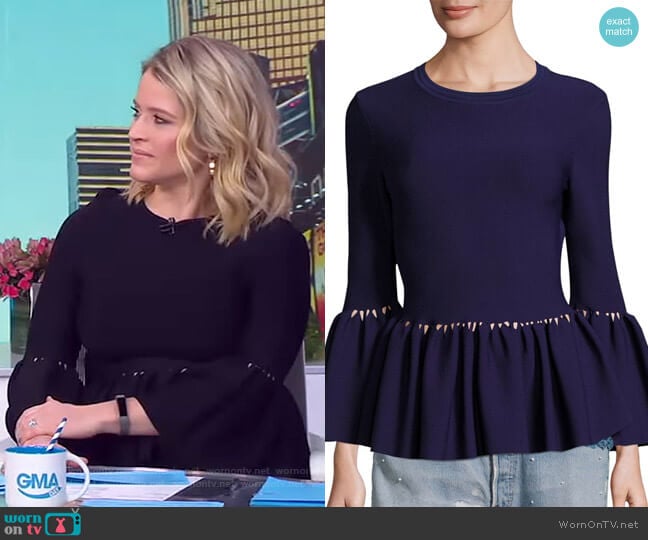 Jonathan Simkhai Knit Bell Sleeve Peplum Top worn by Sara Haines on Good Morning America