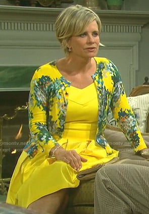 Kayla’s yellow v-neck dress and floral cardigan on Days of our Lives