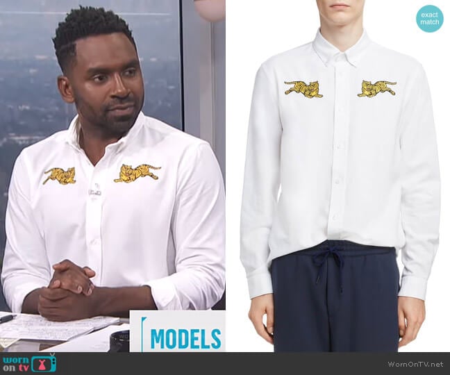 Kenzo Jumping Tiger Crest Woven Shirt worn by Justin Sylvester on E! News