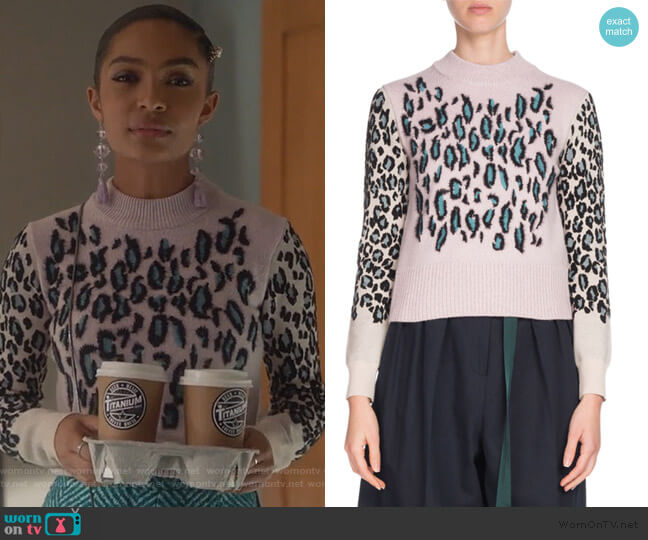 Kenzo Leopard-Print Wool Pullover Sweater worn by Zoey Johnson (Yara Shahidi) on Grown-ish