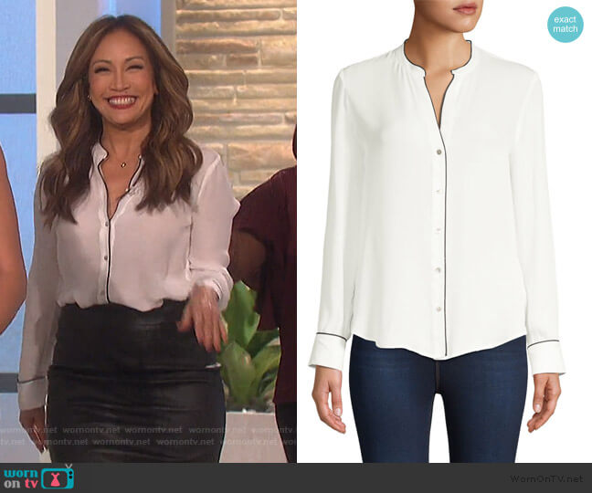 L'Agence Tegan Piped Trim Blouse worn by Carrie Inaba on The Talk