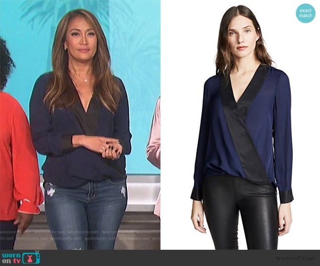 L'Agence Two-tone Wrap Blouse worn by Carrie Inaba on The Talk
