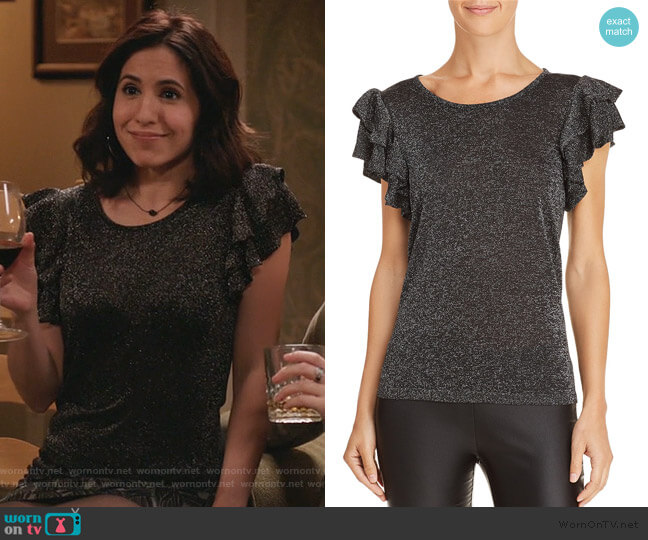 Lucy Paris Metallic Ruffle-Sleeve Top worn by Valencia Perez (Gabrielle Ruiz) on Crazy Ex-Girlfriend