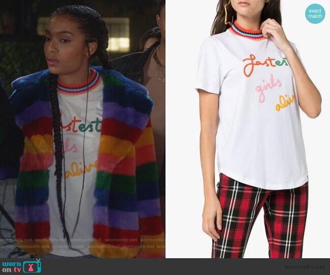 Mira Mikati Fastest Girls Alive print cotton t-shirt worn by Zoey Johnson (Yara Shahidi) on Grown-ish