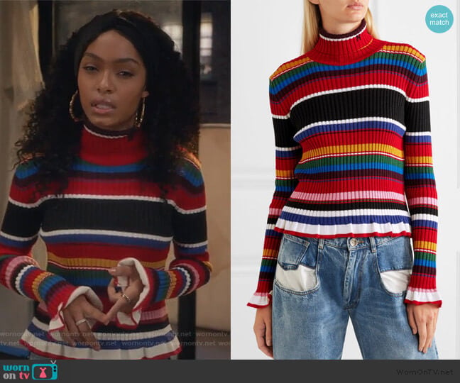 MSGM Striped ribbed wool-blend turtleneck sweater worn by Zoey Johnson (Yara Shahidi) on Grown-ish