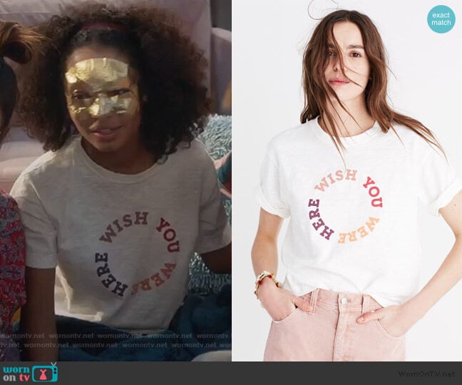 Madwell Wish You Were Here Print Tee worn by Zoey Johnson (Yara Shahidi) on Grown-ish