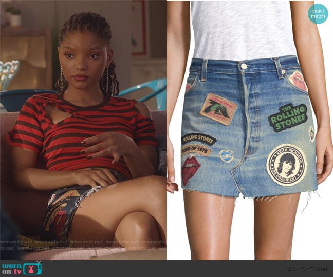 Madeworn Rolling Stones Denim Mini Skirt worn by Skylar Forster (Halle Bailey) on Grown-ish