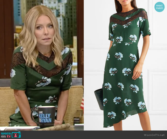 Maje Asymmetric Lace-Trimmed Floral-Print Dress worn by Kelly Ripa on Live with Kelly and Mark