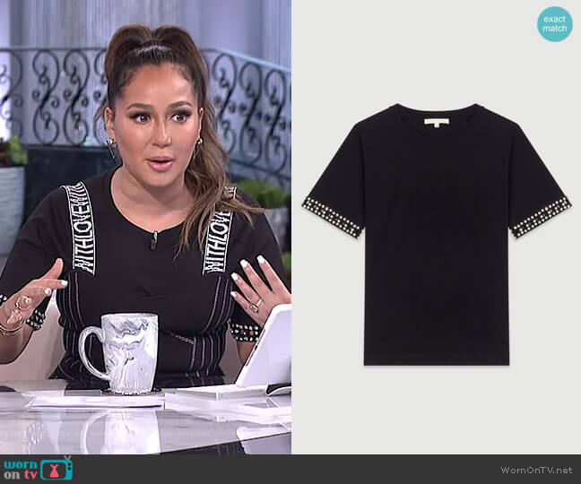 Maje Open-Work T-Shirt with Rhinestone worn by Adrienne Houghton on The Real