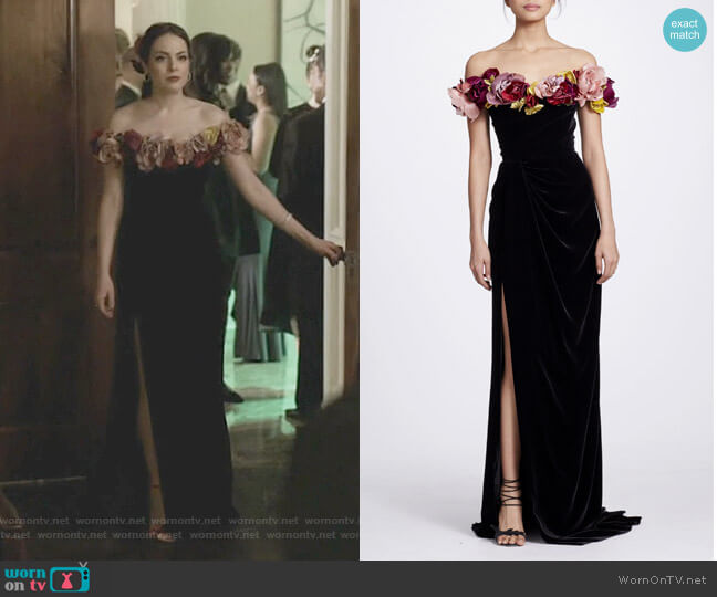 Marchesa Floral-Appliquéd Off-The-Shoulder Velvet Gown worn by Fallon Carrington (Elizabeth Gillies) on Dynasty