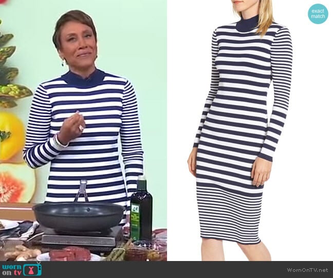 MICHAEL Michael Kors Ribbed Mock Neck Midi Dress worn by Robin Roberts on Good Morning America
