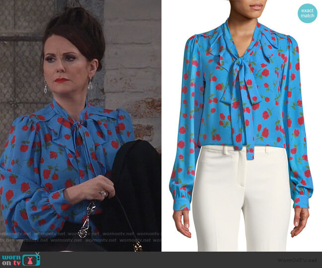 Michael Kors Tie-Neck Scattered Rose-Print Silk Georgette Blouse worn by Karen Walker (Megan Mullally) on Will and Grace
