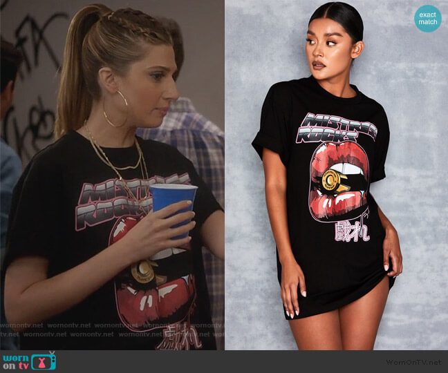 Mistress Rocks Black Bullet Print Graphic Tee Shirt worn by Nomi Segal (Emily Arlook) on Grown-ish