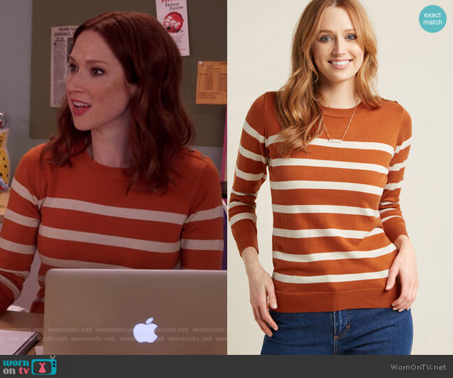 Modcloth Charter School Pullover Sweater in Striped Orange worn by Kimmy Schmidt (Ellie Kemper) on Unbreakable Kimmy Schmidt