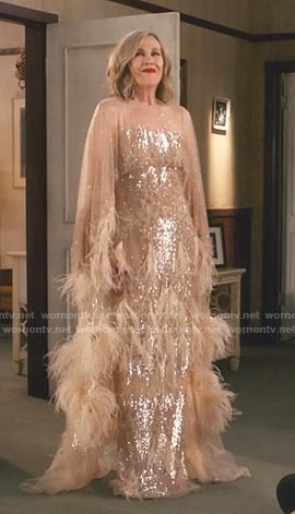 Moira’s feather trim tulle gown on Schitt’s Creek