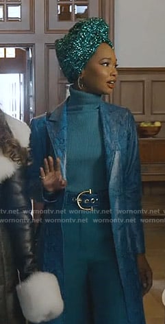Monica’s blue snake print coat on Dynasty
