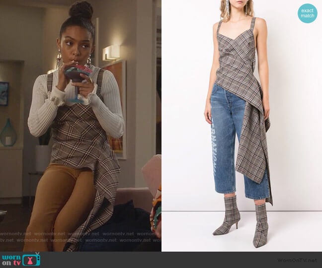 Monse Plaid Asymmetric Top worn by Zoey Johnson (Yara Shahidi) on Grown-ish