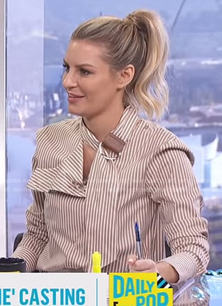 Morgan’s striped tie-collar blouse on E! News Daily Pop